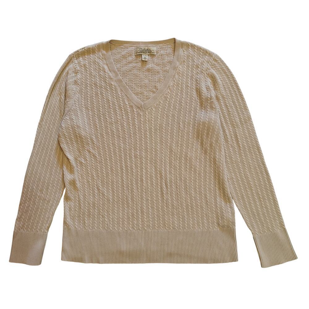 Cabela’s Cream Cable Knit V-Neck Sweater Pullover Preppy XL